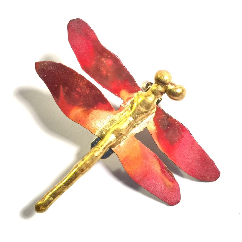 Dragonfly Brooch with Hand Cut Metal Wings Signed